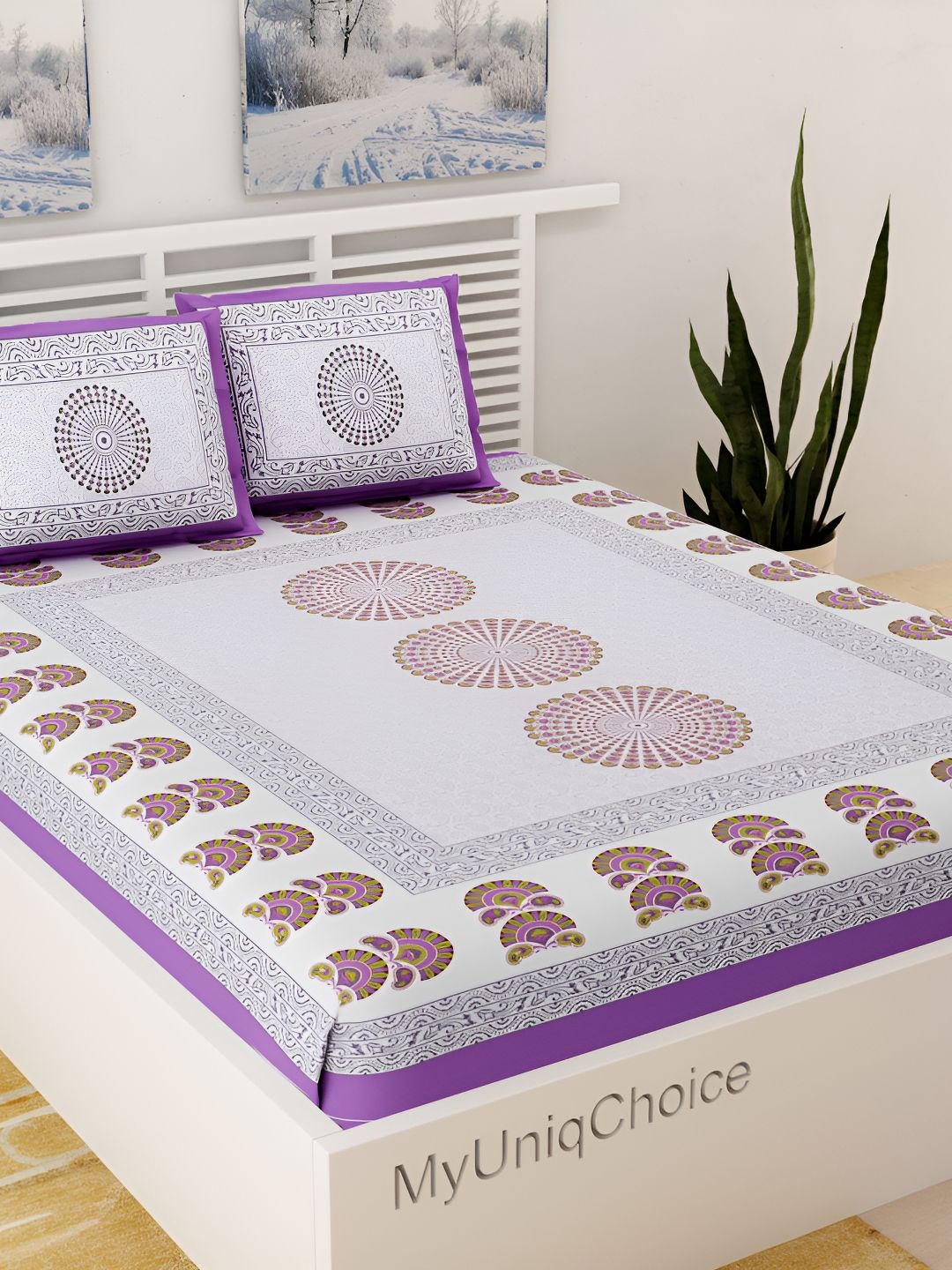 UNIQCHOICE Jaipuri Traditonal Purple Ethnic Motifs Pure Cotton 120 TC Queen Fine Bedsheet with 2 Pillow Covers-87 x 93 inches