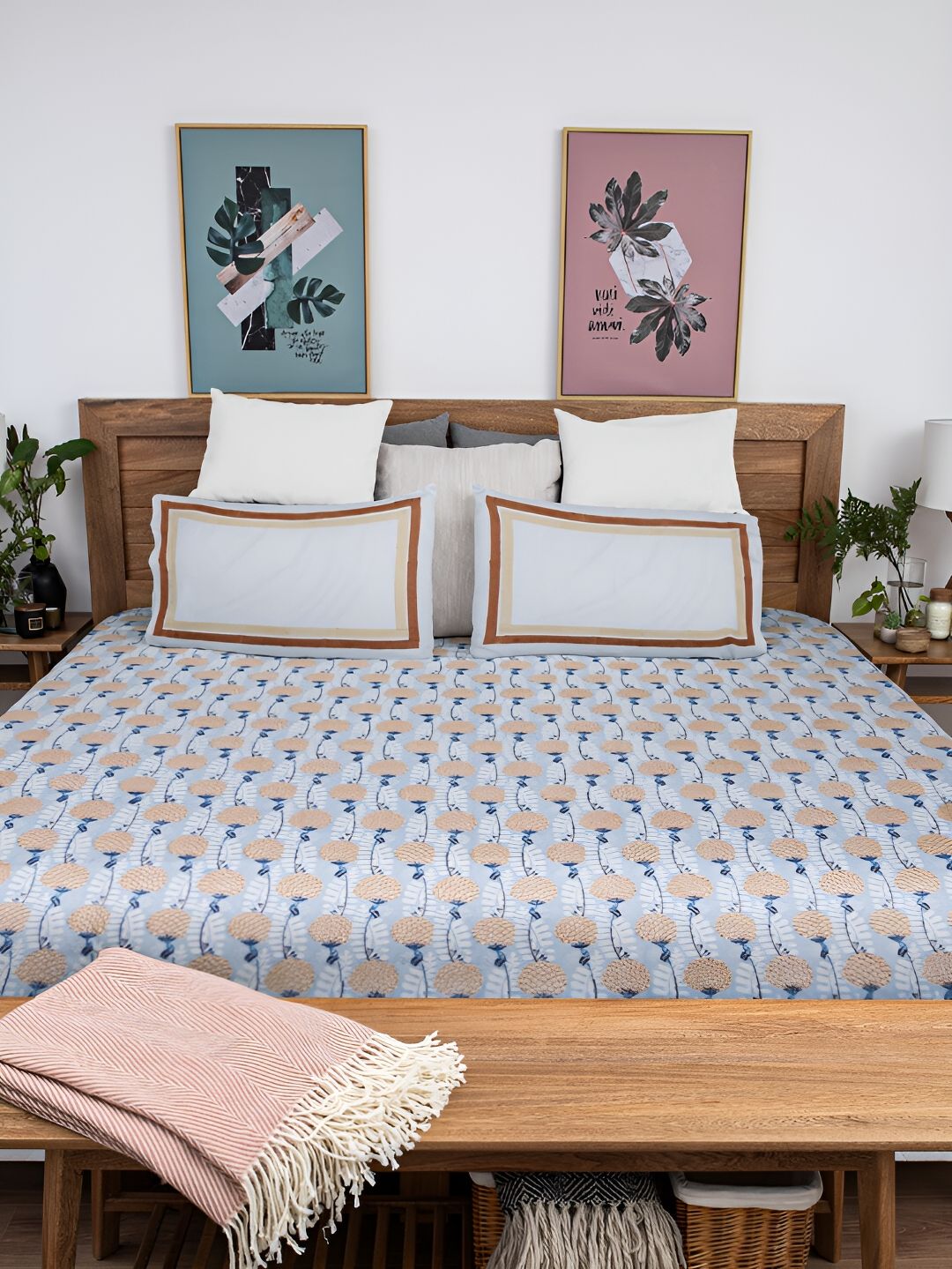 Baarno Premium Blue Floral Cotton 220 TC King Fine Bedsheet with 2 Pillow Covers-228 x 270 cm