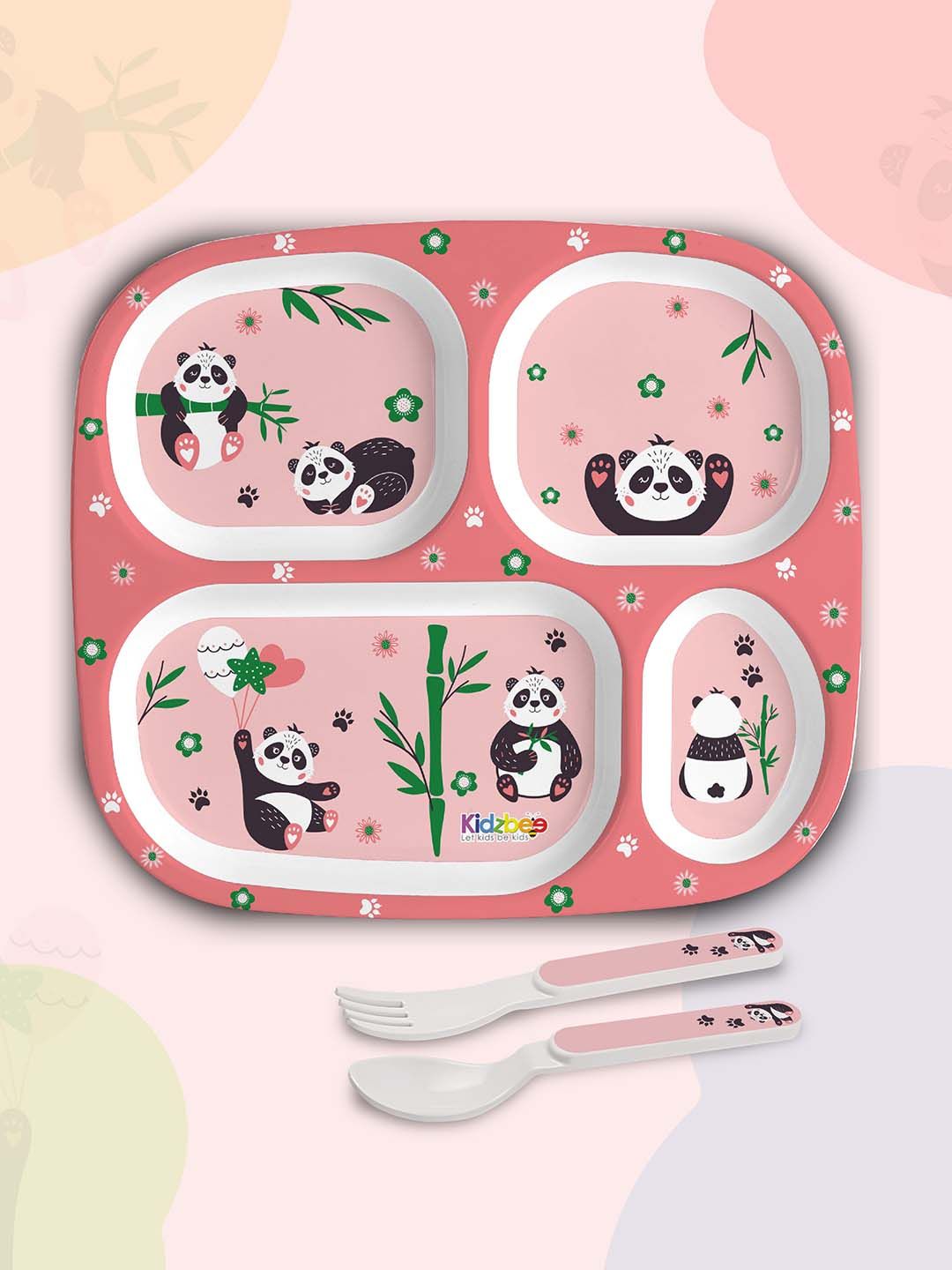 Cello Kidzbee BPA Free Quadmeal Bamboo Buddies Peach Graphic Melamine Non-Toxic 3 Piece Dinner Set