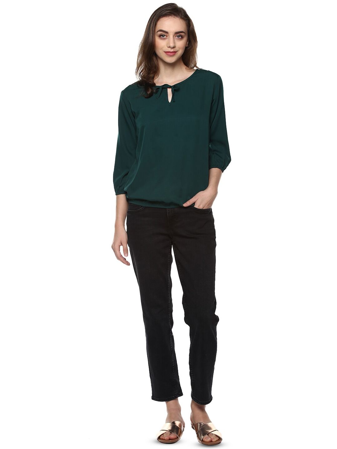 Mayra Tie-Up Neck Puff Sleeves Crepe Top