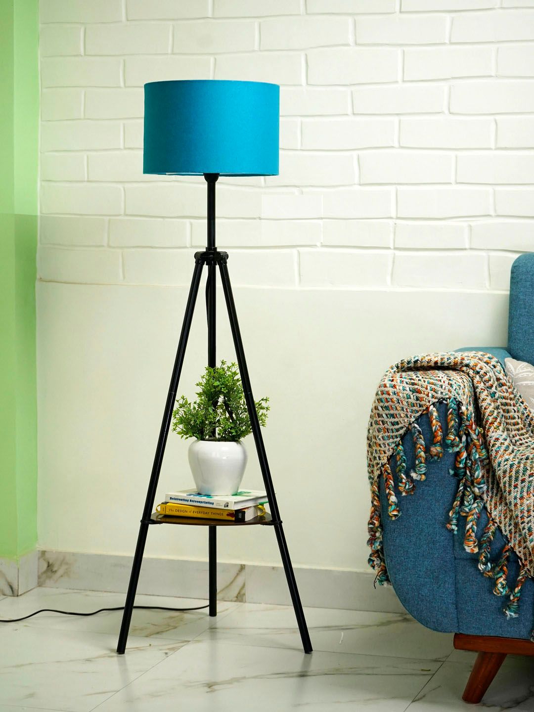 Crosscut Blue & Black Metal Cylinder Shaped Floor Lamp