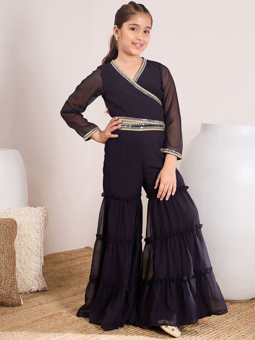 Pspeaches Girls Navy Blue Georgette Crop Top Sharara Set