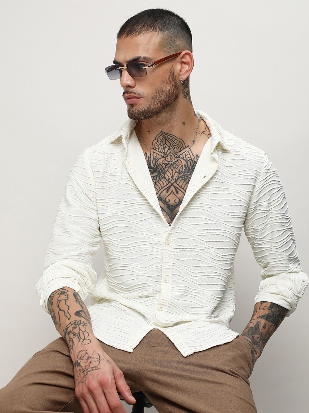CAHOOT Men's White Classic Textured Long Sleeves Casual Shirt