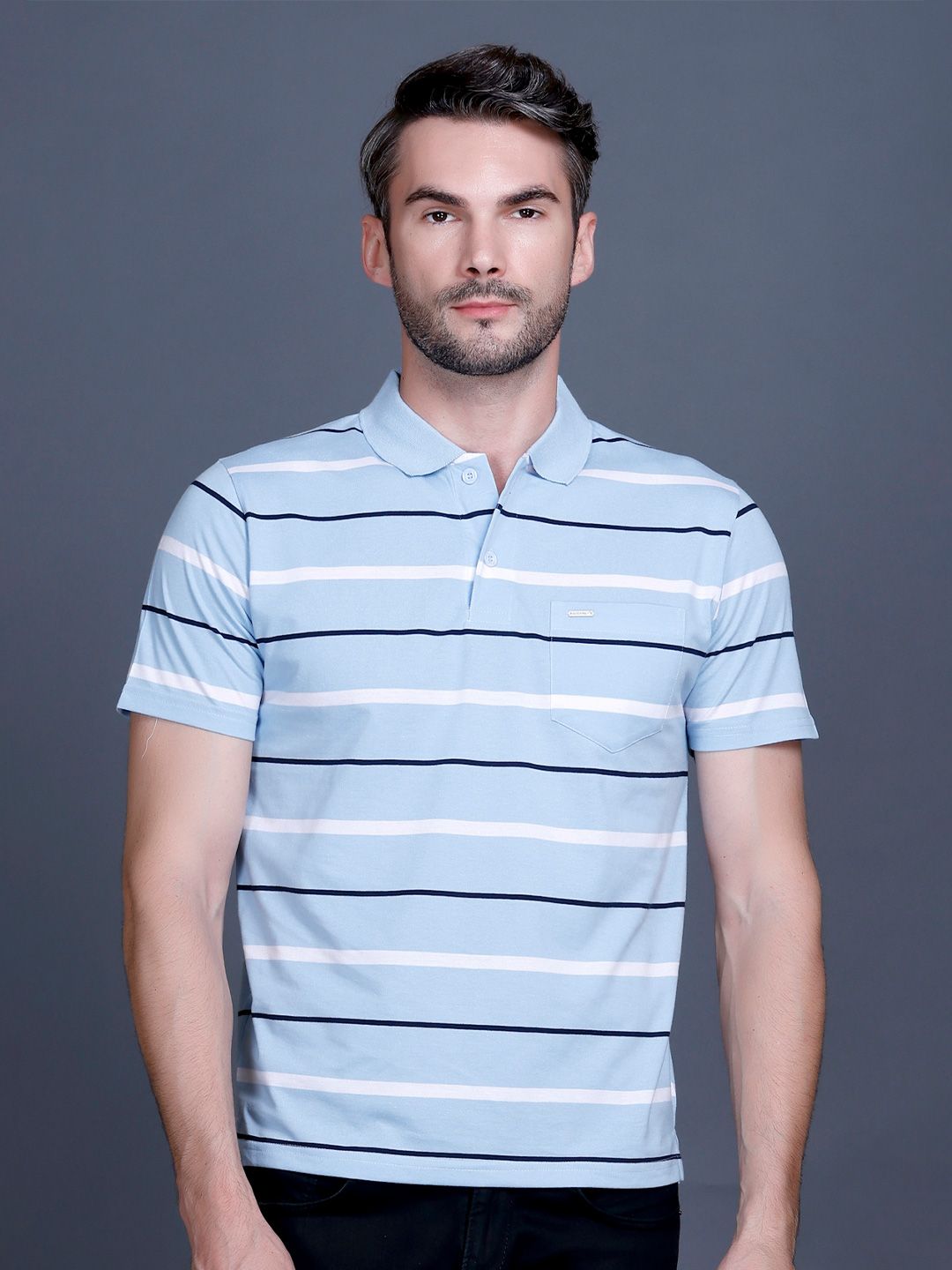 GODFREY Striped Short Sleeves Polo Collar Cotton T-shirt