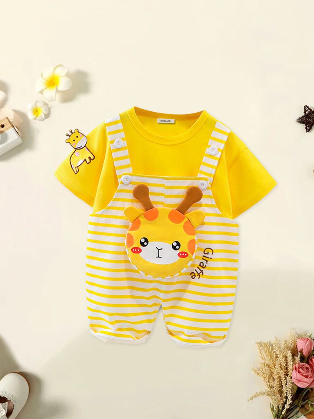INCLUD Boys Printed Striped Cotton Short Sleeve Dungaree With T-Shirt