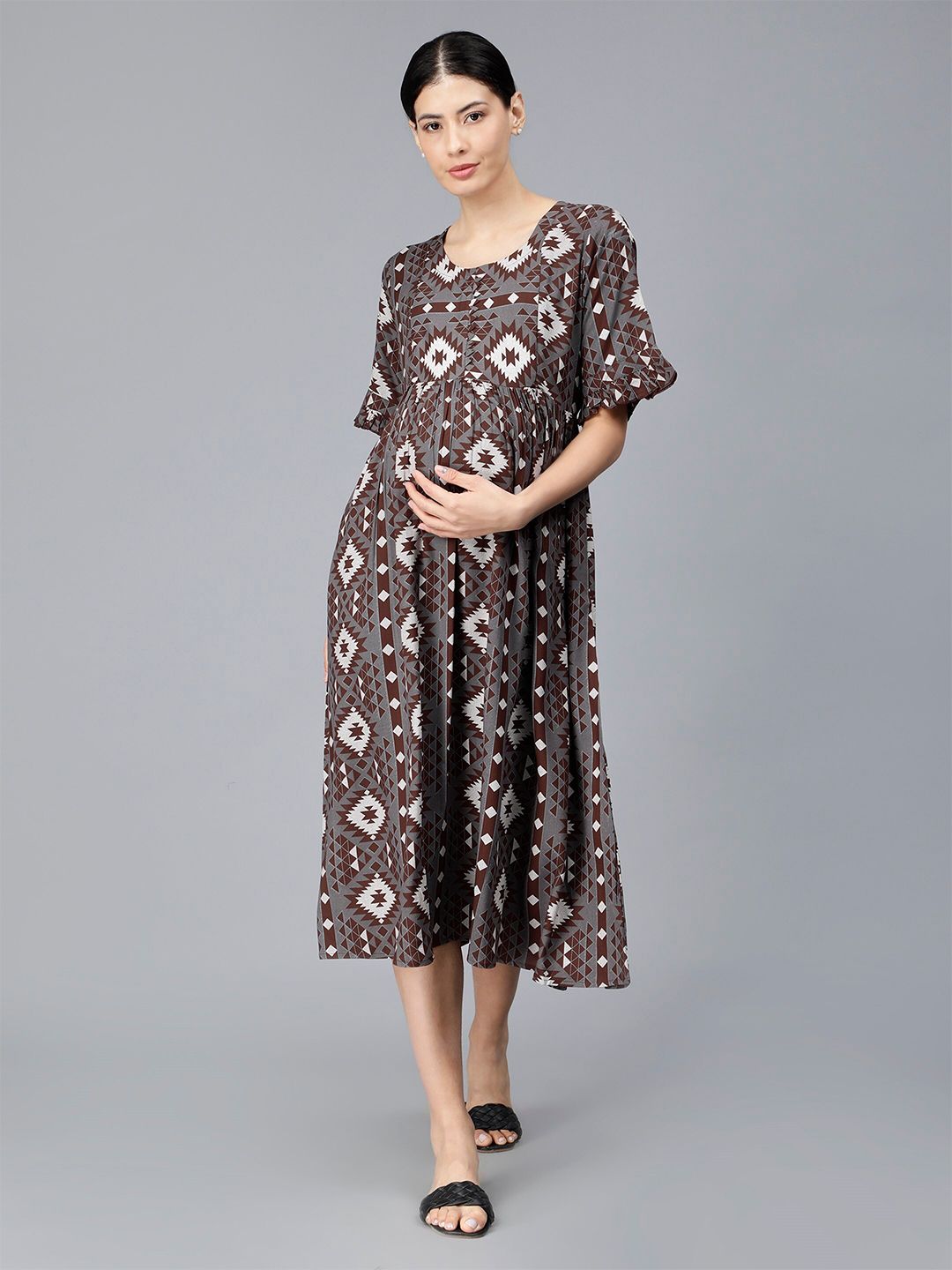 NIGHTSPREE Ethnic Motifs Print Bell Sleeve Maternity Fit & Flare Midi Dress