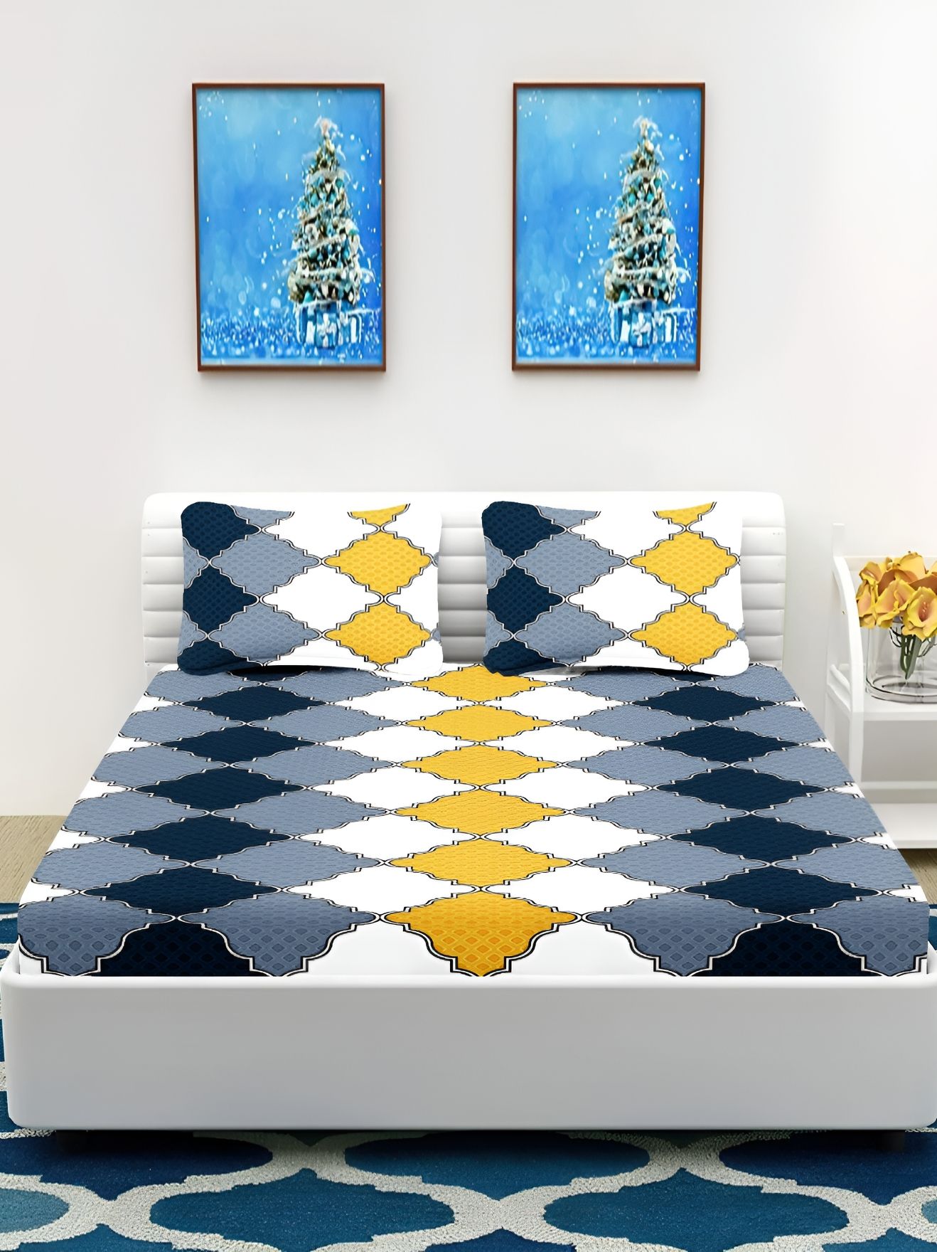 RIDHAAN Glace White Geometric Polycotton 300 TC Queen Fine Bedsheet with 2 Pillow Covers-35 x 39 inches