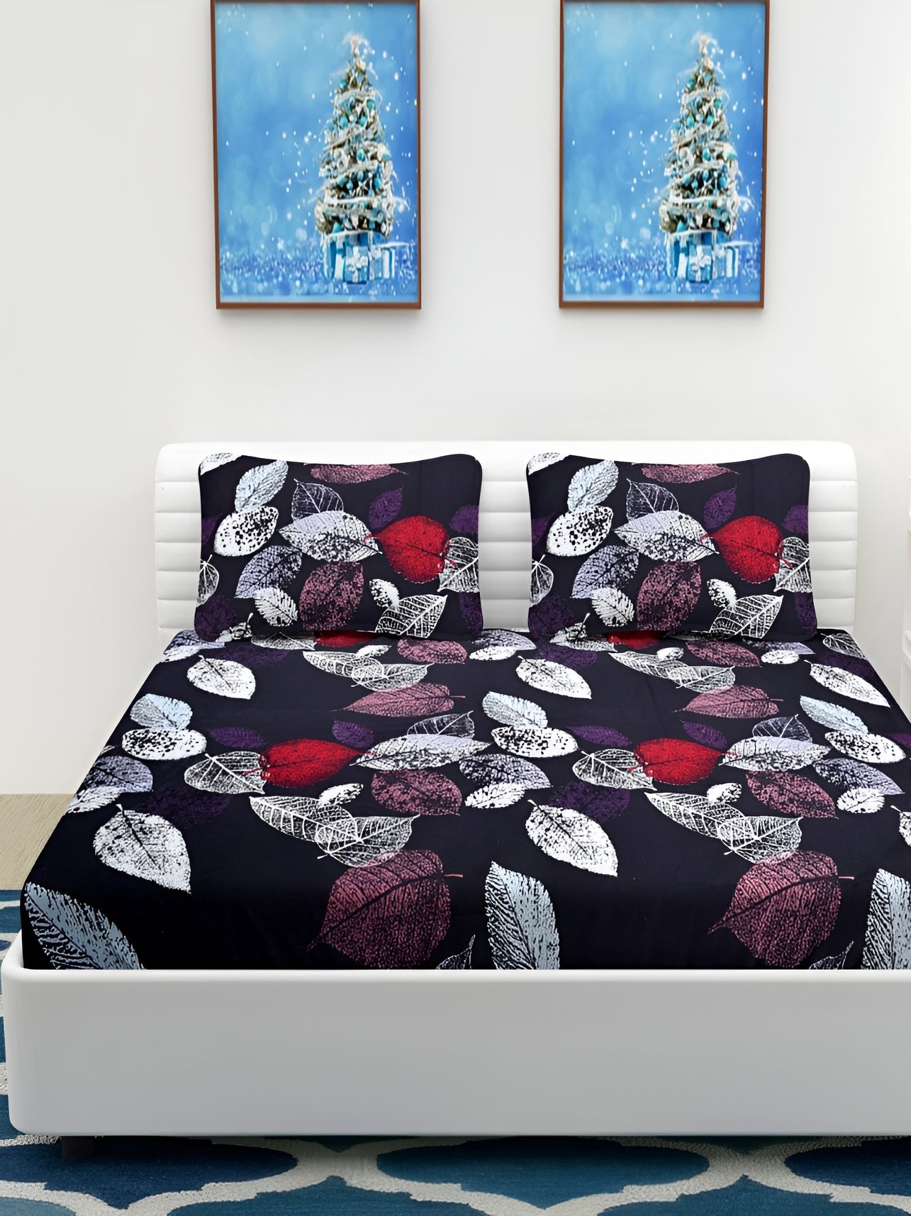 RIDHAAN Black Leaf Polycotton 300 TC Queen Fine Bedsheet with 2 Pillow Covers-90 x 100 cm