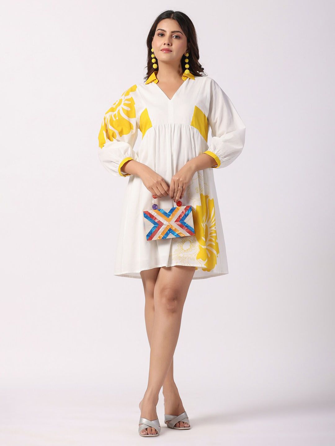 Zolo Label Floral Printed Puffed Sleeves Cotton Empire Mini Dress