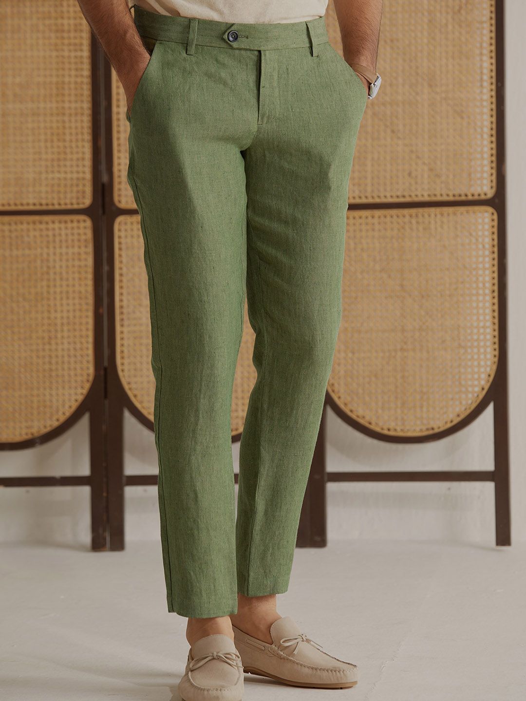 Andamen Men Textured Mid-Rise Linen Ultra Easy Wash Trousers