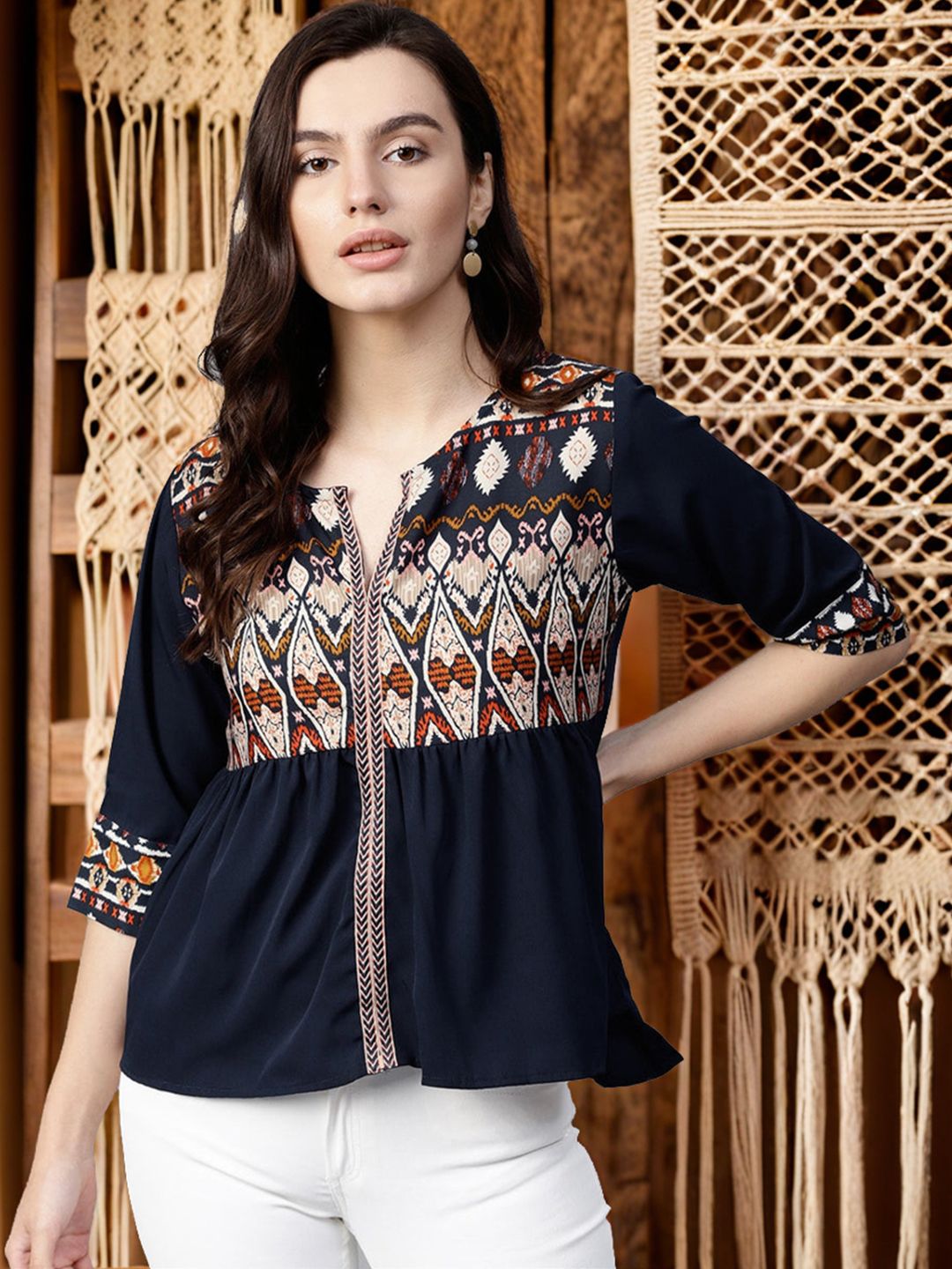 Pannkh Print Notch Neck Bohemian Crepe Top