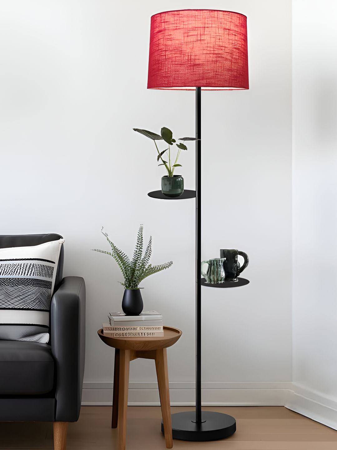 Homesake Black & Red Dual Shelf Metal Floor Lamp with Fabric Shade