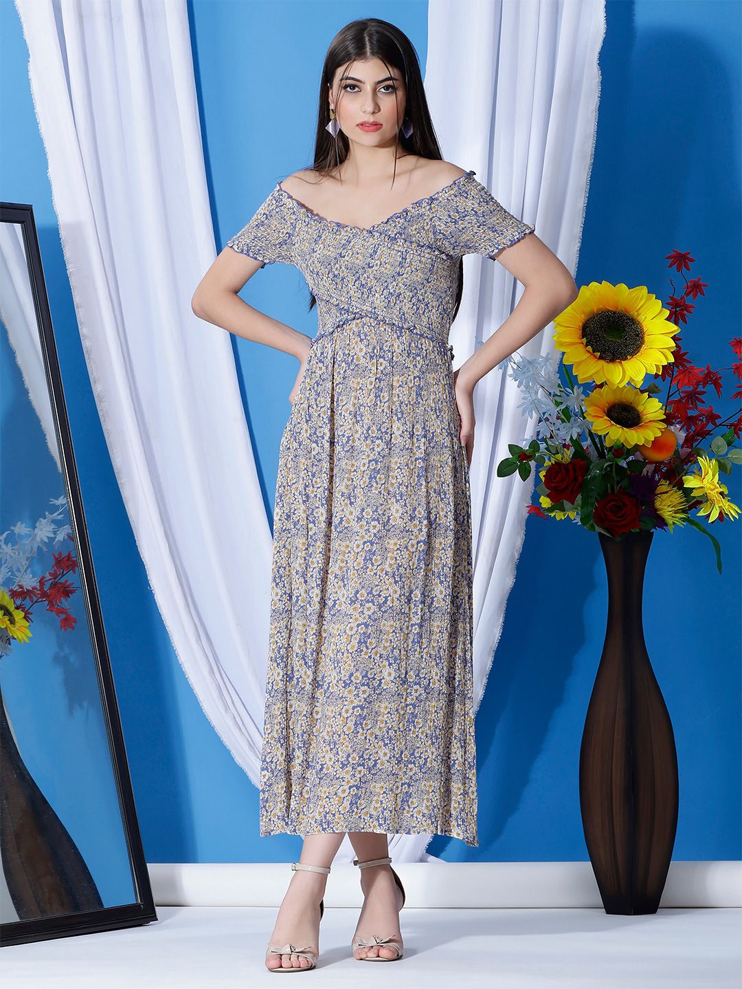 DEBONATELLA Floral Printed Off-Shoulder Cape Sleeve Smocked Crepe Maxi Dress