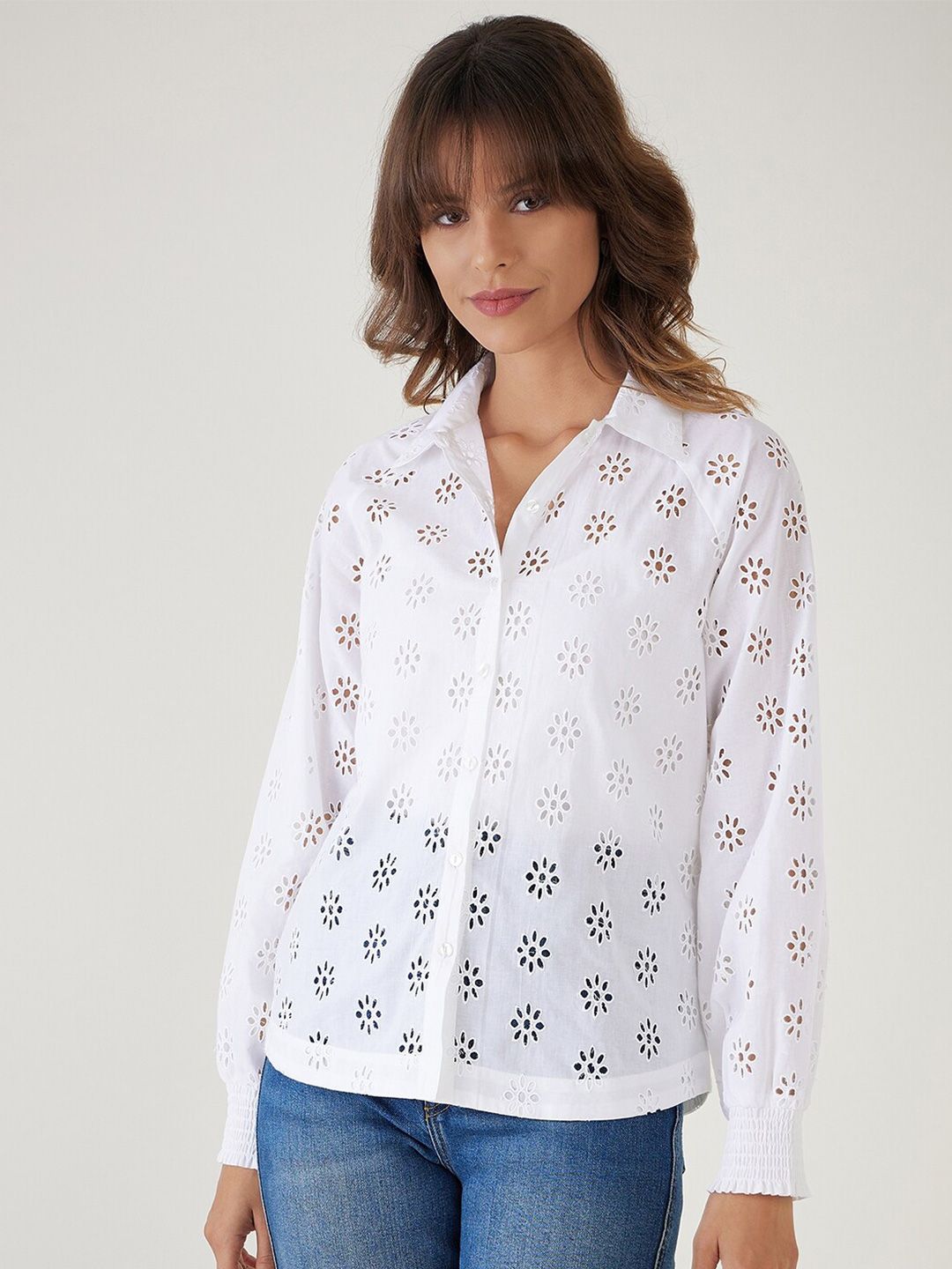 JEFF COOPER Spread Collar Floral Self Design Casual Pure Cotton Shirt