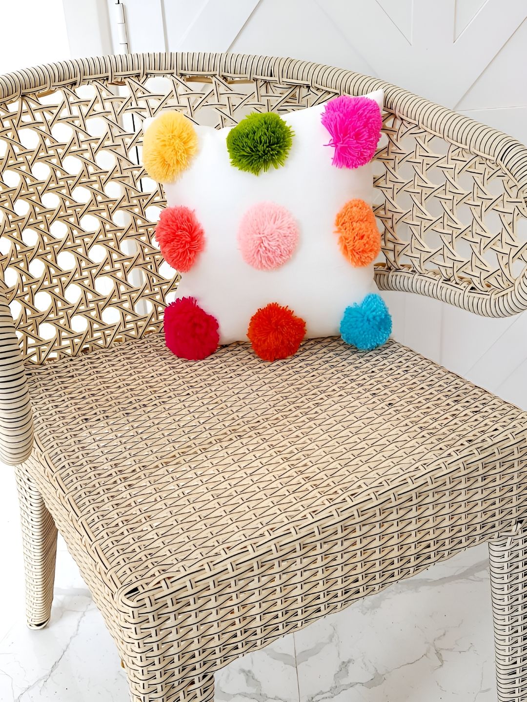 THROWPILLOW White Multicolour Pompom Cushion Cover Size 12x12 Inch