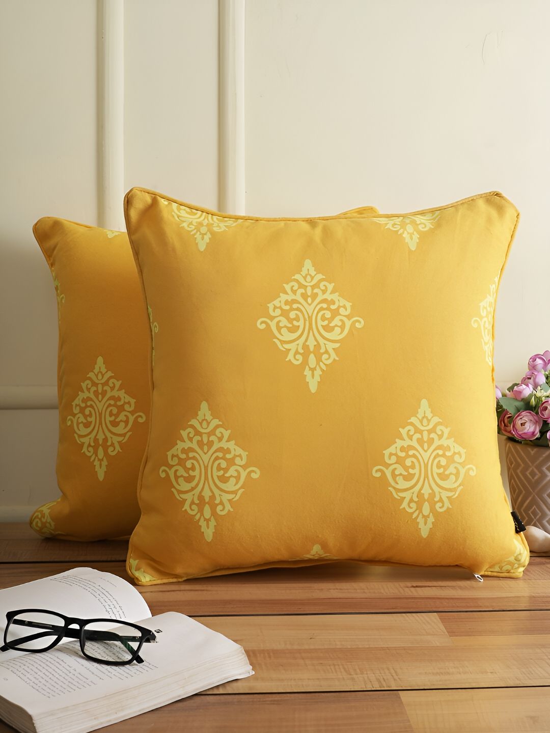 Aura Printed Yellow Ethnic Motifs Cotton Breathable 2 Piece Square Cushion Covers -18x18In