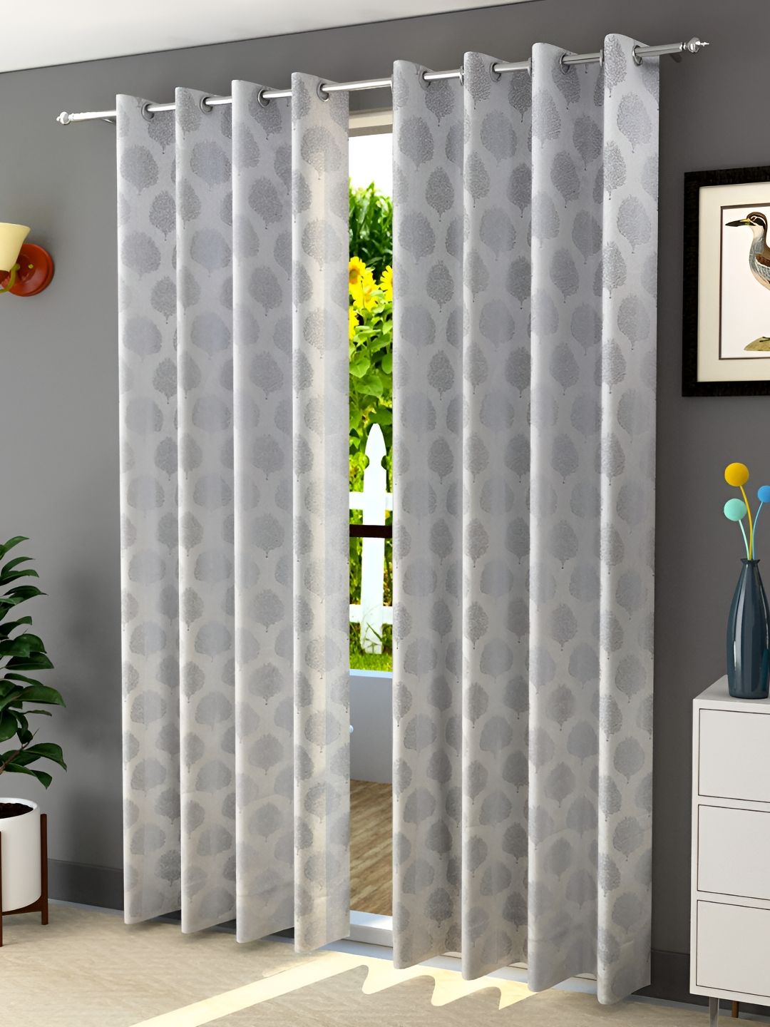 Buy RIDHAAN Grey & White 2 Pieces Floral Jacquard Eyelet Room Darkening Door Curtain -  - Home for Unisex