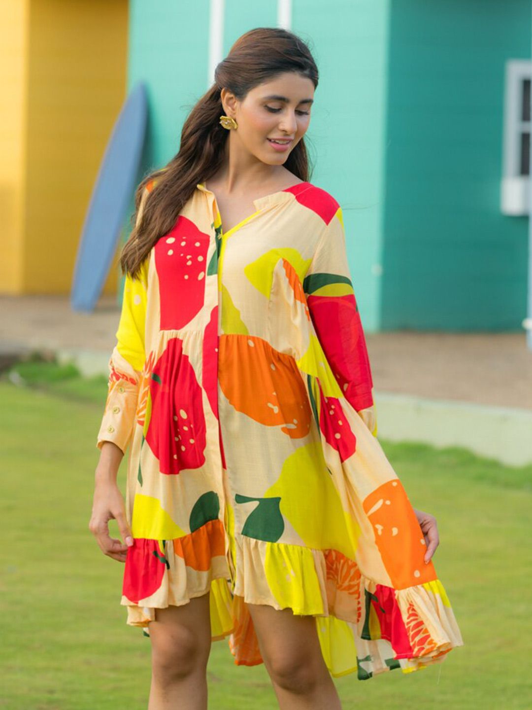 Ambraee Abstract Printed Cuffed Sleeves A-Line Dress