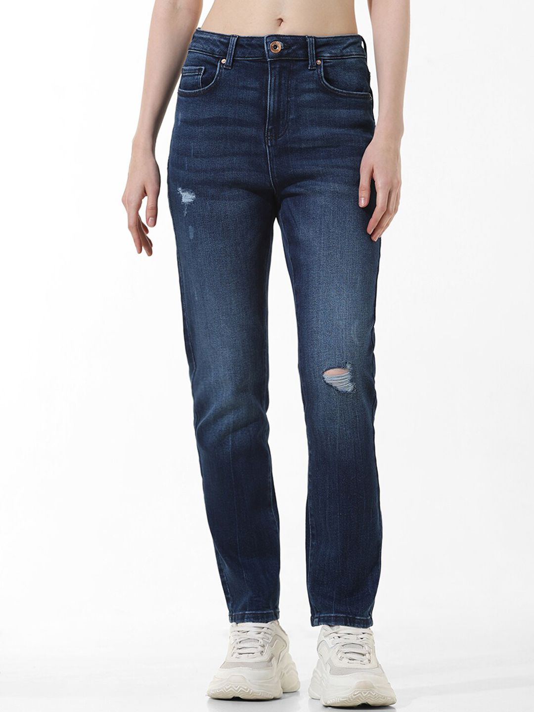 ONLY Women Slim Fit Mid-Rise Low Distress Light Fade Stretchable Jeans