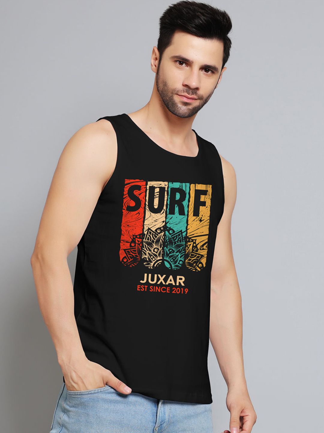 Juxar Printed Cotton Gym Vest JXR-011SAN-BK-XS