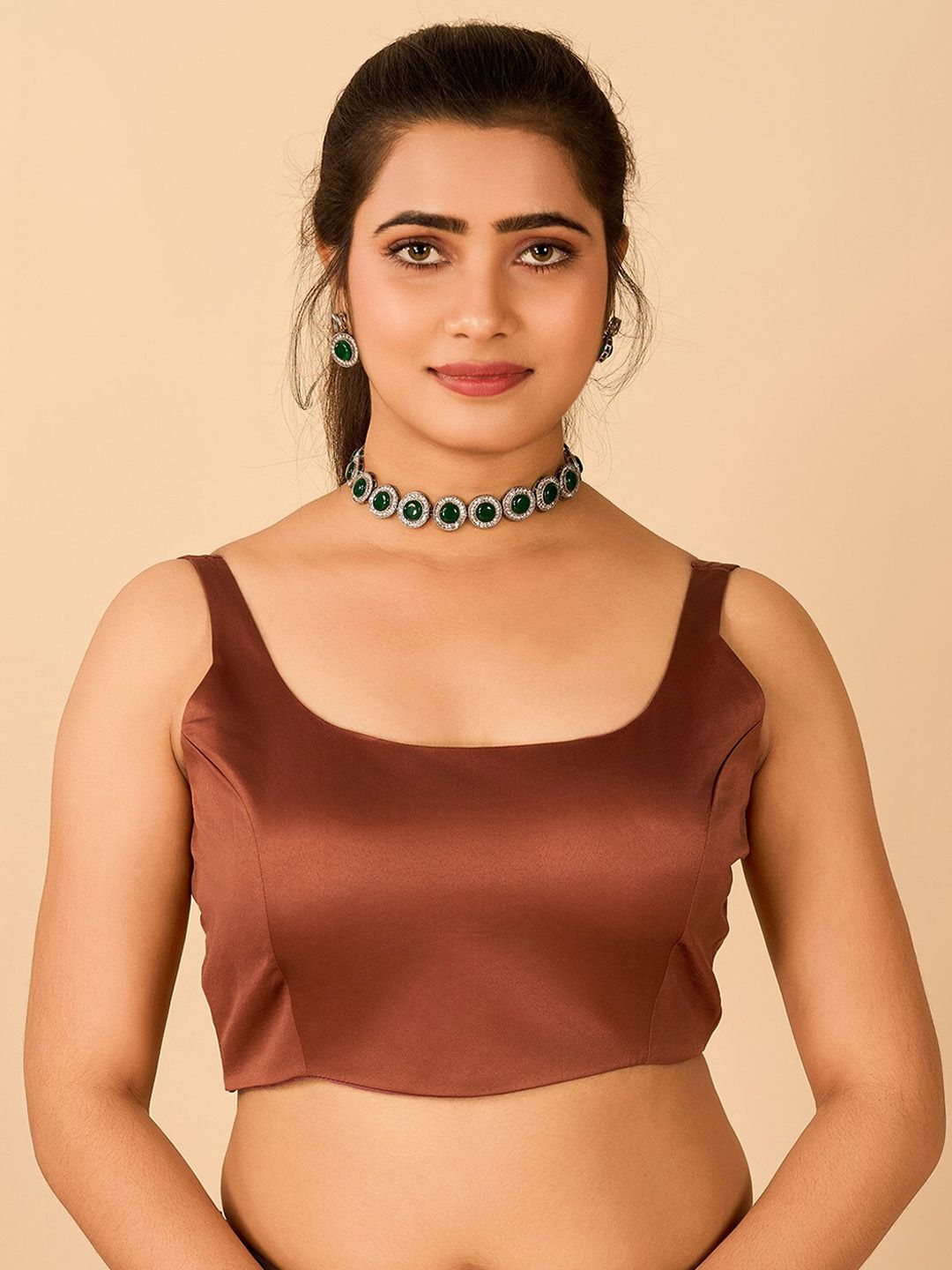 flaher Round Neck Satin Readymade Saree Blouse