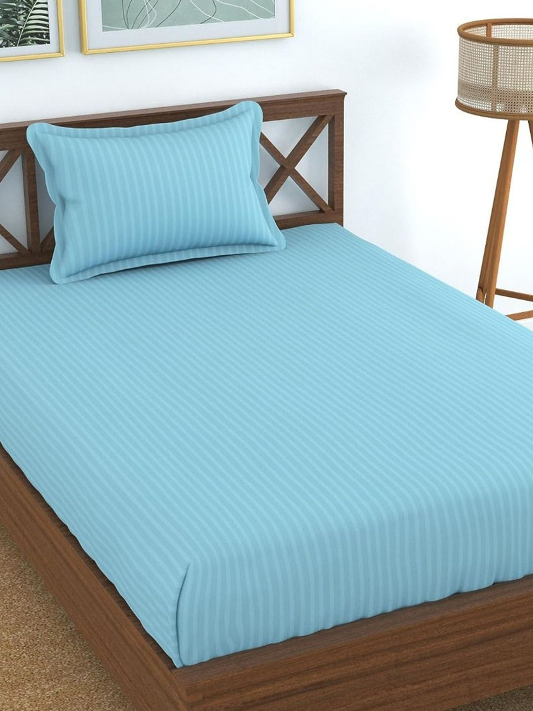 UrbanArts Blue Striped Microfiber 200 TC Single Fine Bedsheet with a Pillow Cover-90 x 57 inches