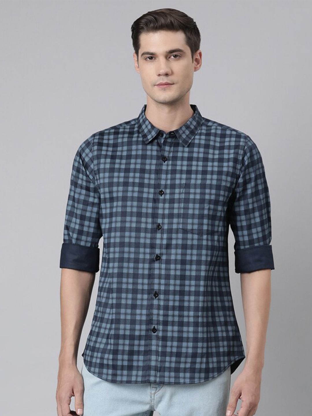 Broon Tartan Checked Spread Collar Pure Cotton Casual Shirt