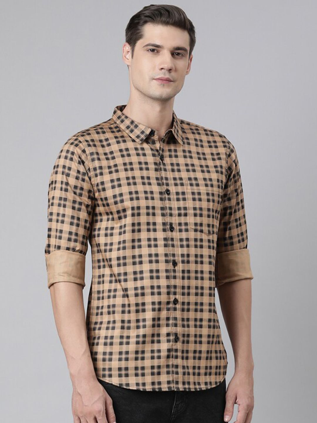 Broon Tartan Checked Spread Collar Pure Cotton Casual Shirt