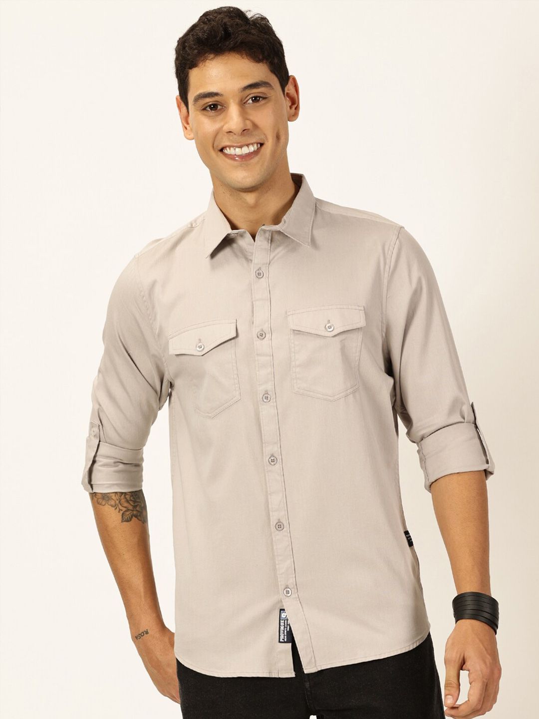 Provogue Premium Slim Fit Spread Collar Roll Up Sleeves Pure Cotton Casual Shirt