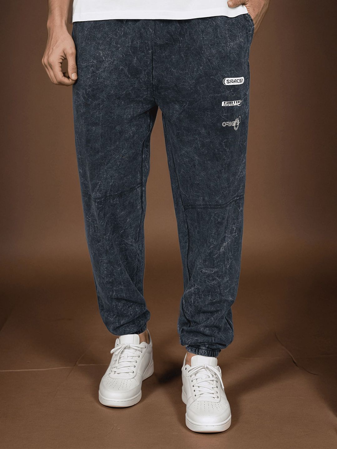 Styli Men Black Acid Wash Pocket Print And Panel Detail Cotton Terry Oversized Joggers