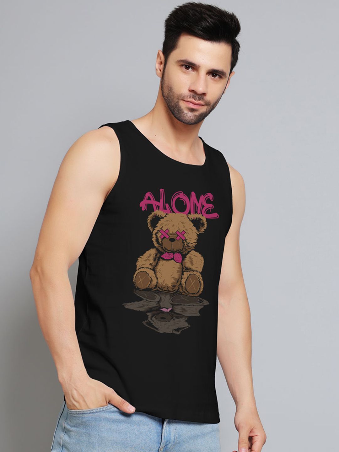 Juxar Alone Taddy Printed Cotton Gym Vest JXR-098SAN-BK-XS