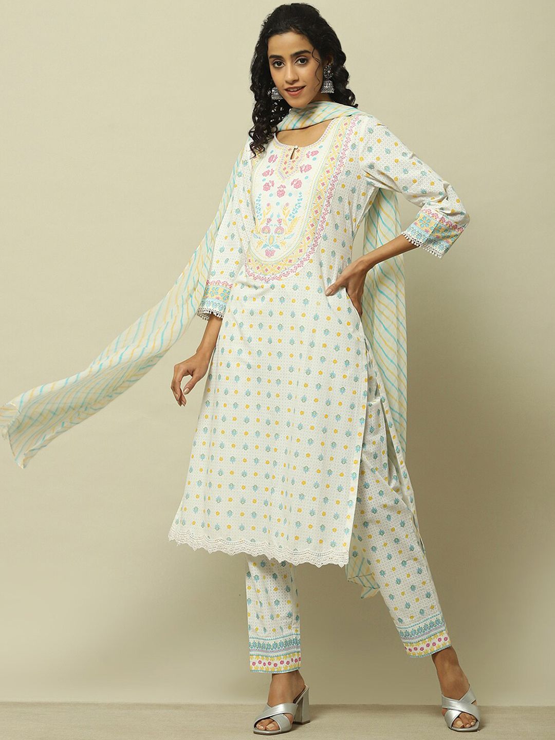 Rangriti Women Ethnic Motifs Printed Regular Thread Work Kurta with Trousers & With Dupatta