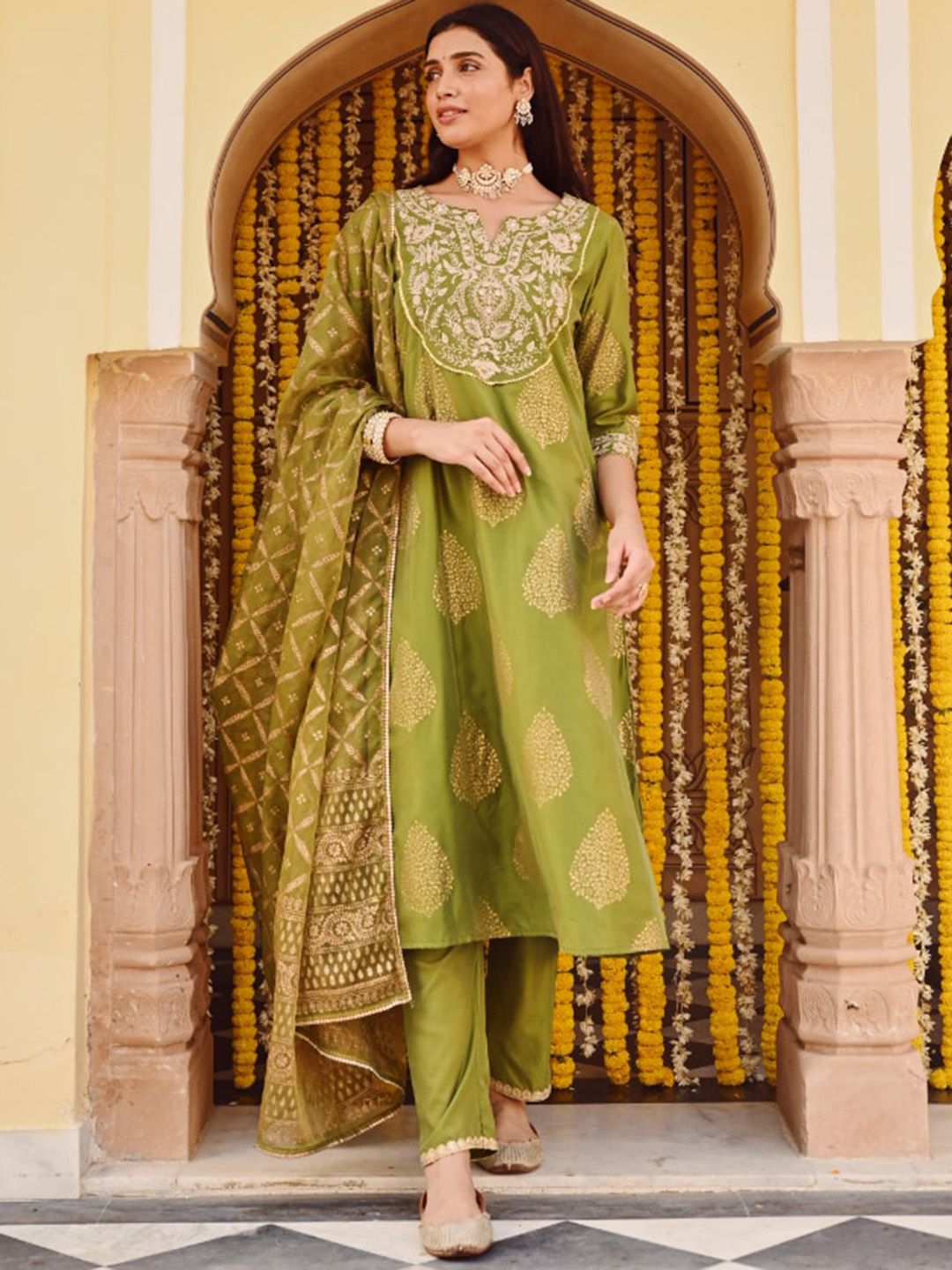SAVI Olive Green Chanderi Gold Print A-Line Kurta Set with Dupatta