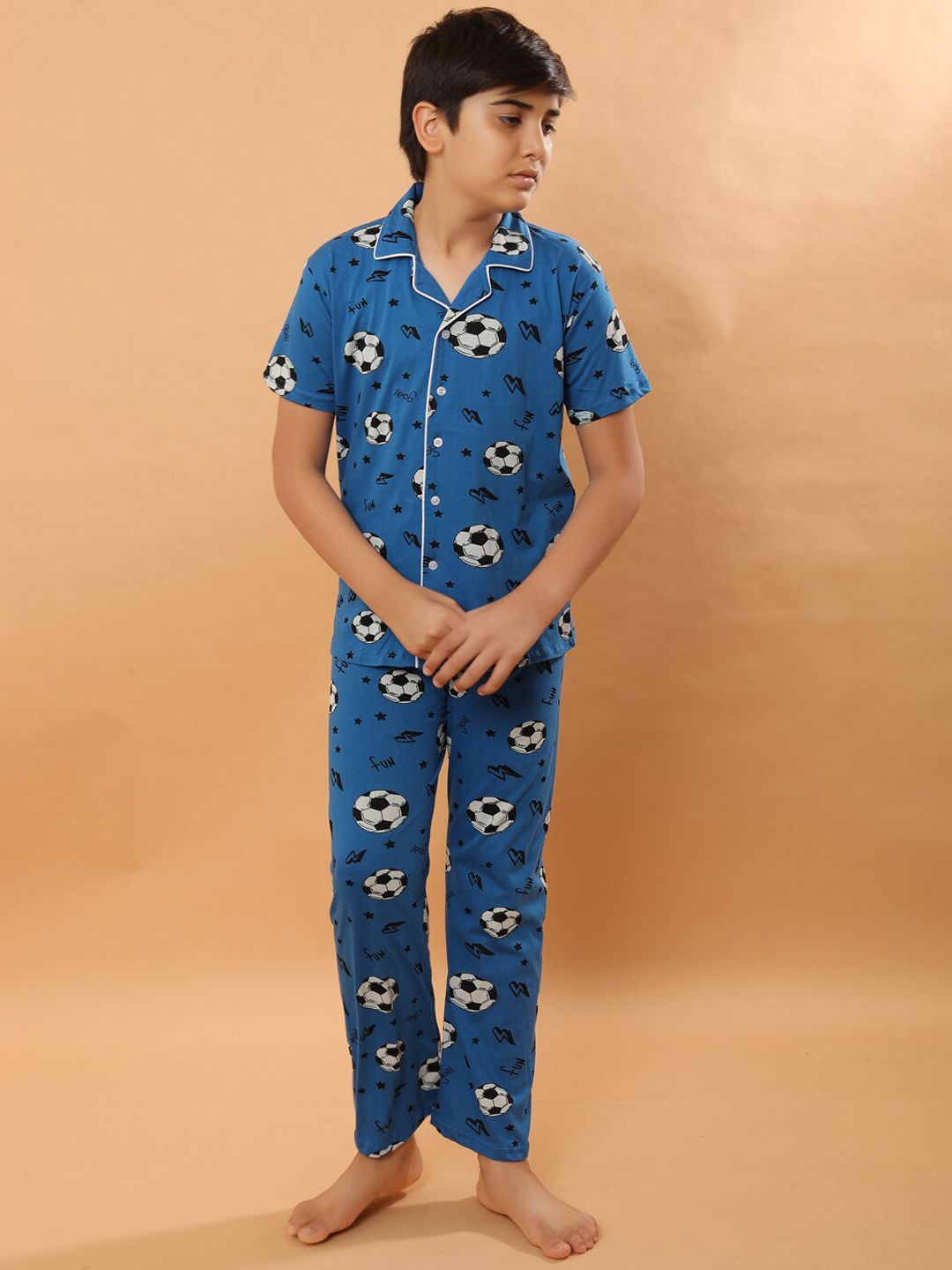 Ninos Dreams Boys Blue Conversational Printed Lapel Collar Pure Cotton Night Suit