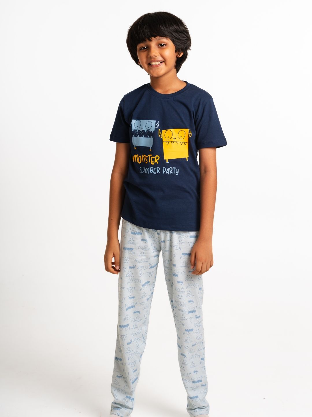 Nap Chief Kids Navy Printed Pure Cotton T-shirt With Pyjamas Night Suit