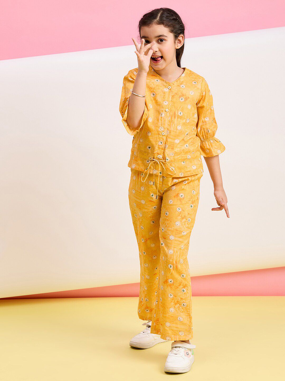 StyloBug Girls Printed V-Neck Bell Sleeves Pure Cotton Shirt with Trousers