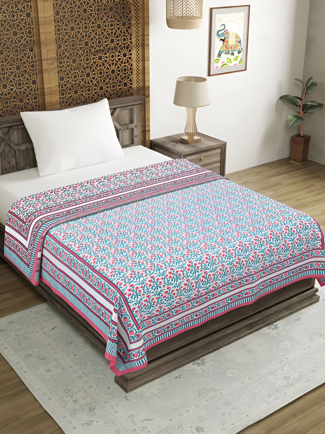 BLOCKS OF INDIA Turquoise Blue & White Floral Cotton AC Room 150 GSM Bed Dohar