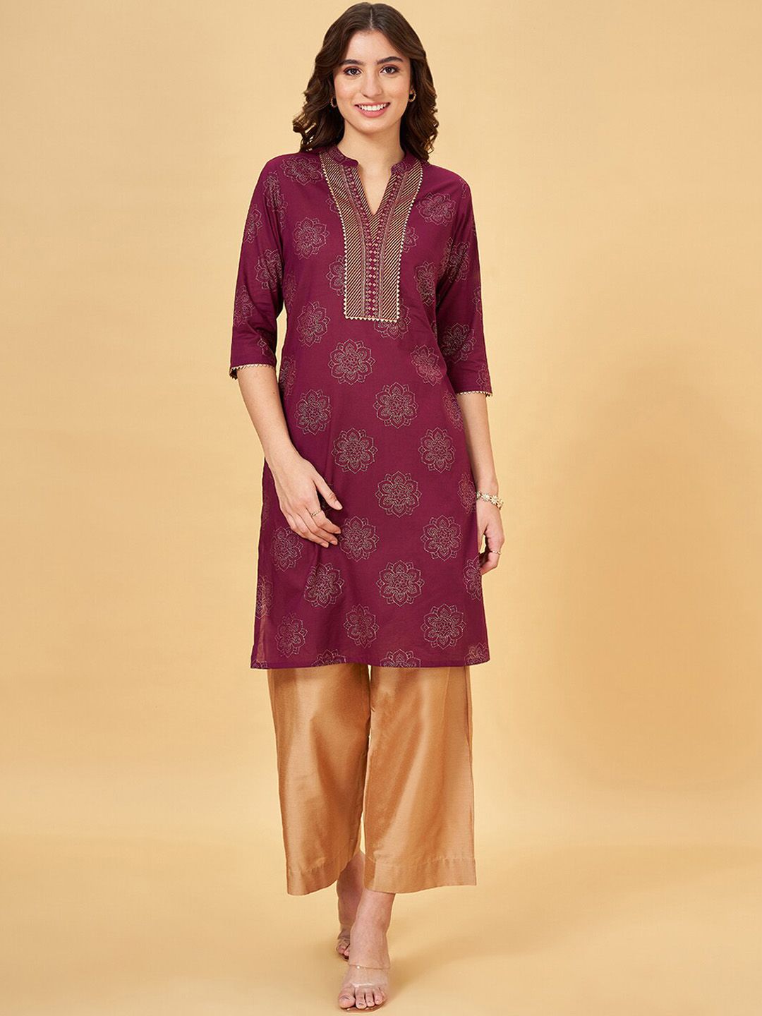 RANGMANCH BY PANTALOONS Ethnic Motifs Printed Mandarin Collar Pure Cotton Straight Kurta