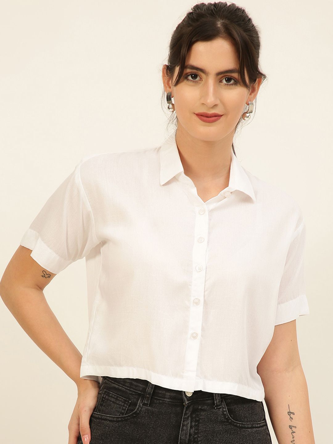 JAVINISHKA Comfort Slim Fit Opaque Crop Shirt