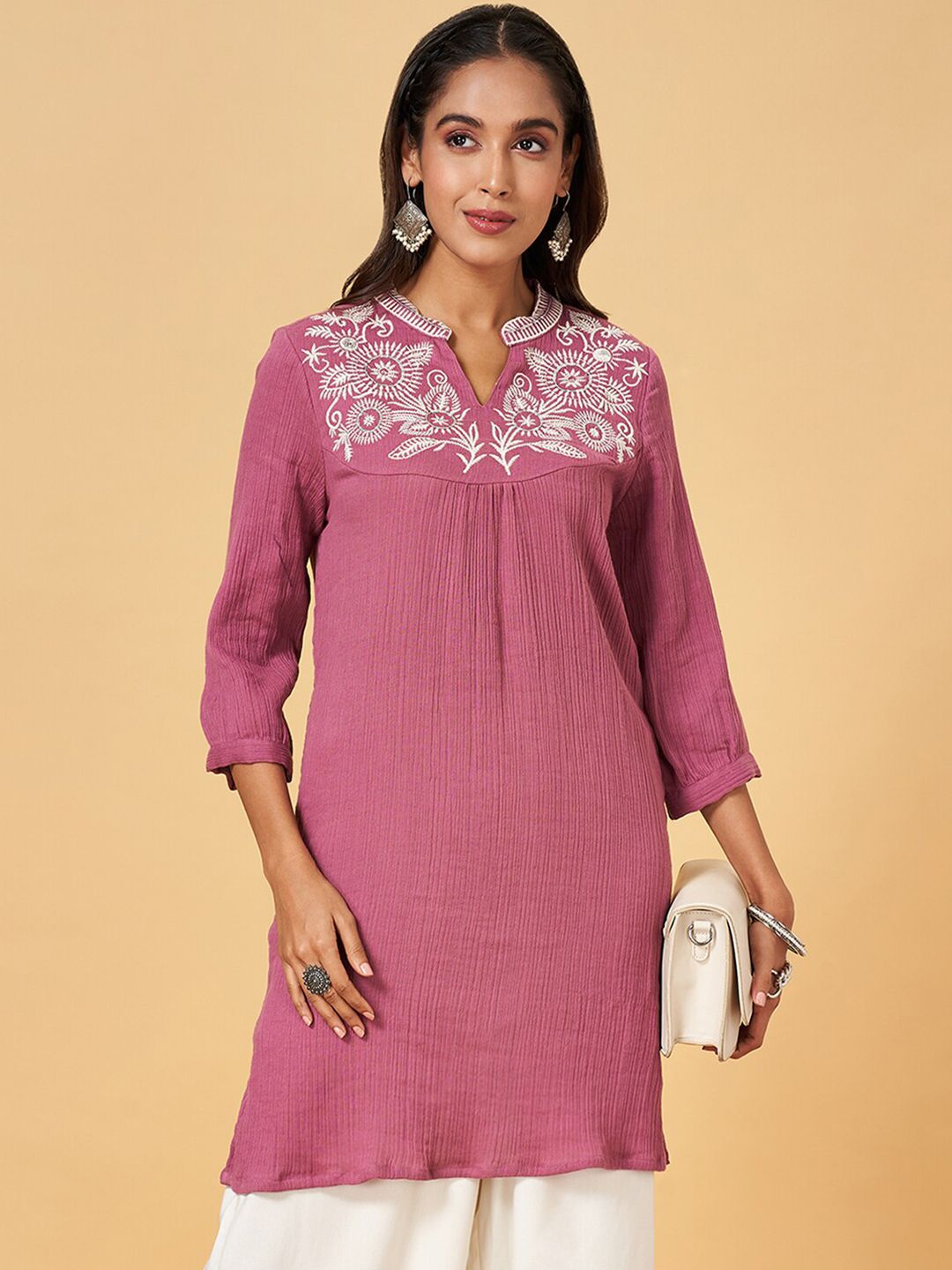 YU by Pantaloons Mandarin Collar Pure Cotton Embroidered Tunic