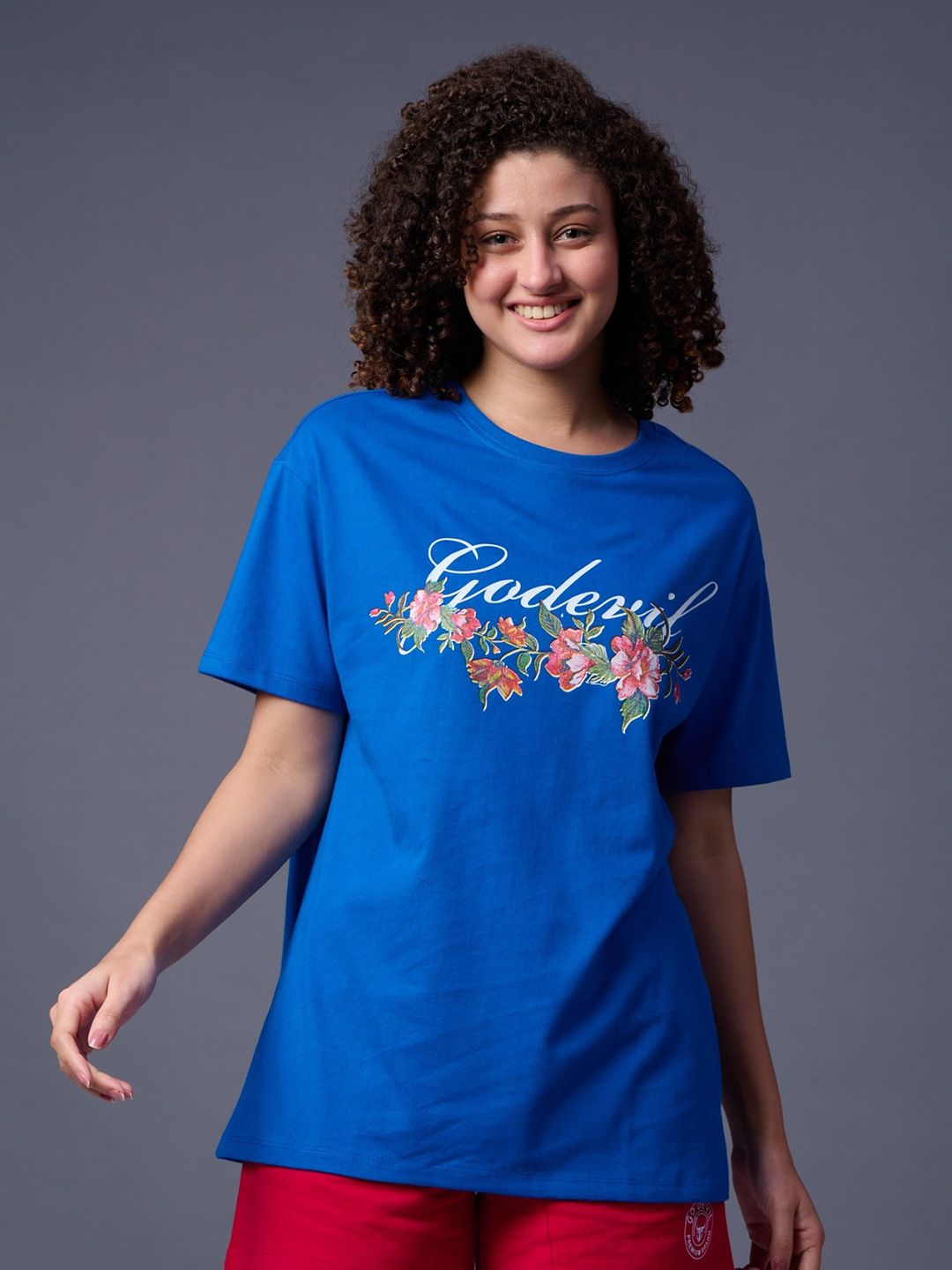 GO DEVIL Typography Printed Drop-Shoulder Sleeves Cotton T-shirt