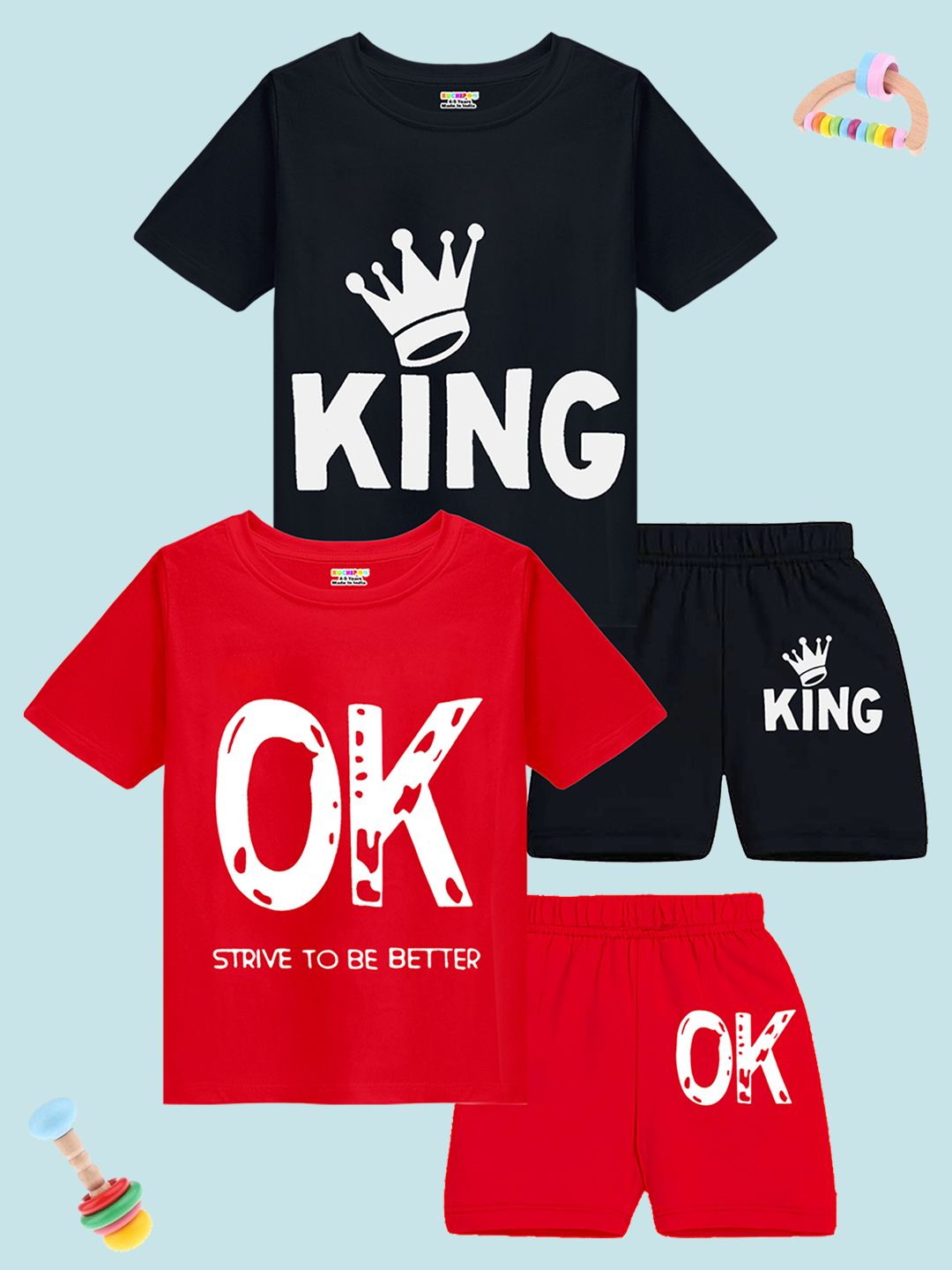 KUCHIPOO Boys Pack Of 2 Typography Printed T-shirt With Shorts