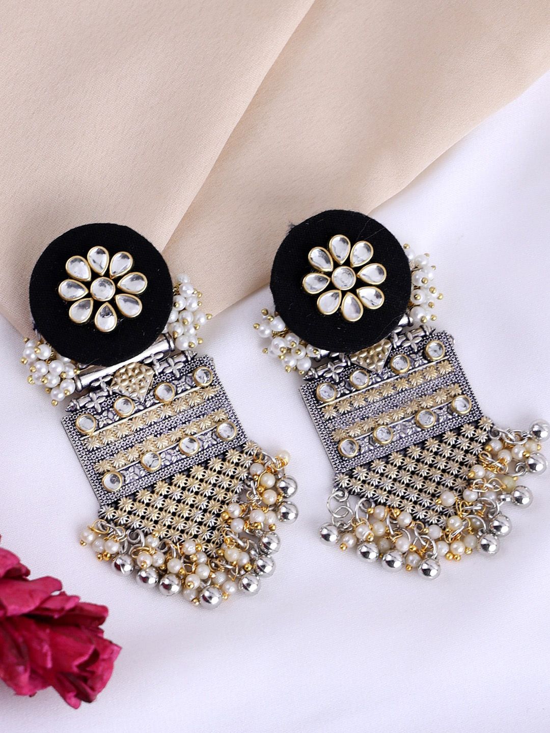 PANASH Gold-Plated Beaded & Stone Studded Contemporary Drop Earrings