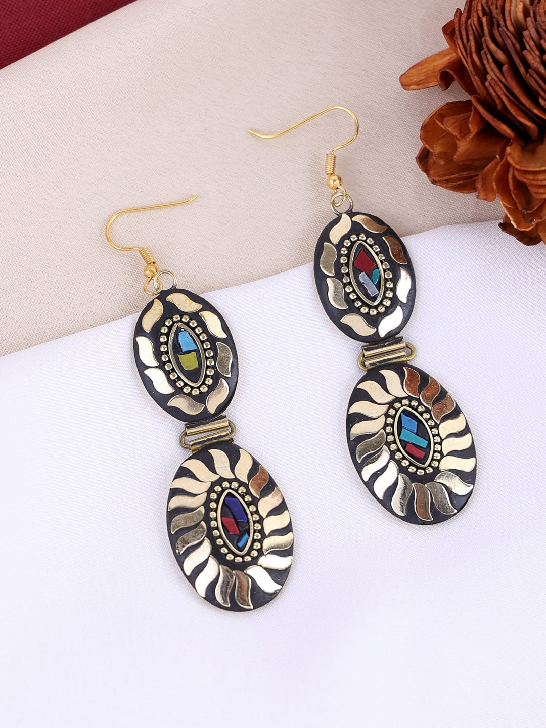 PANASH Gold Plated Contemporary Stone Studded Drop Earrings