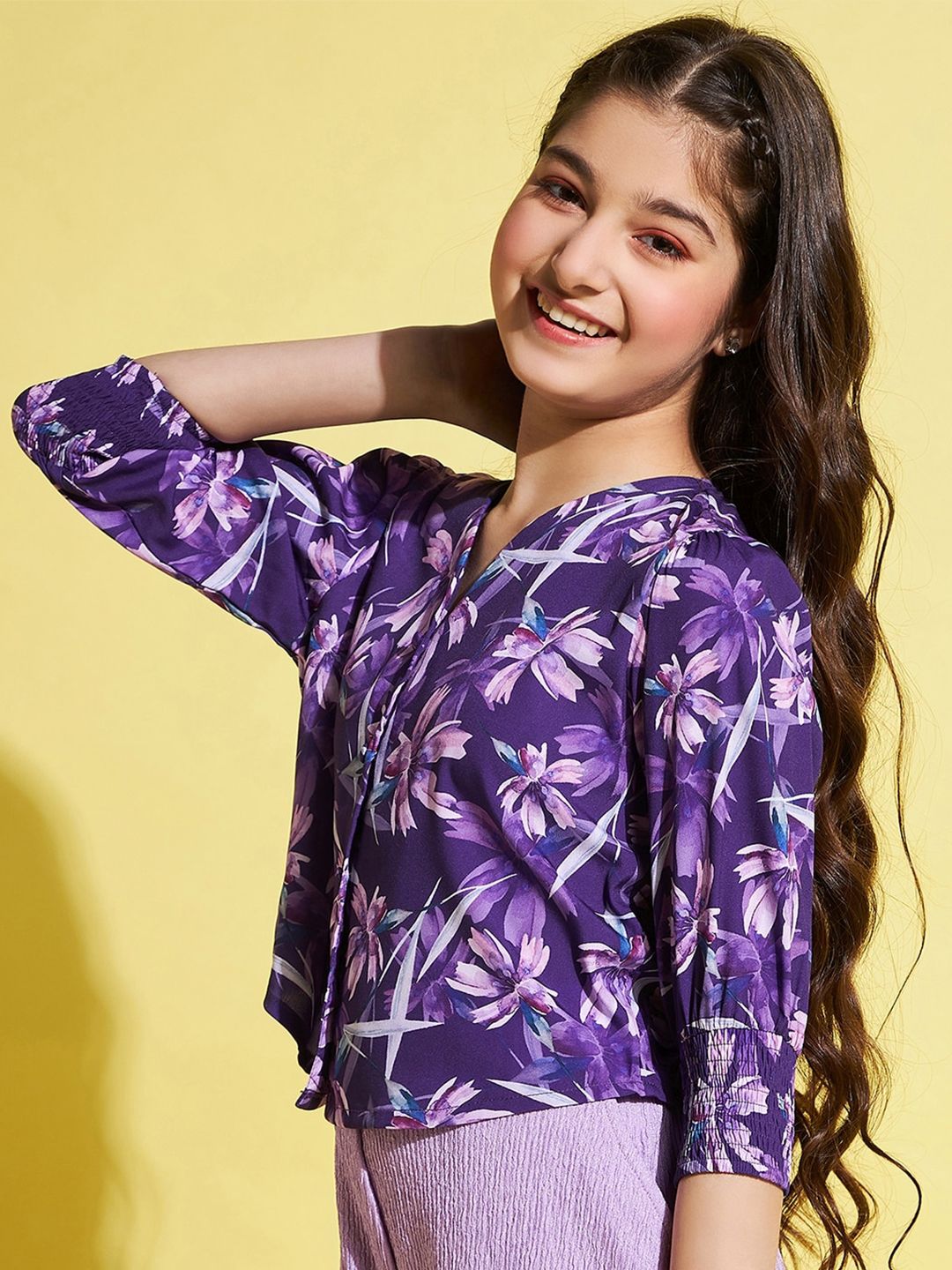 StyloBug Girl Floral Printed V-Neck Smocked Bardot Top