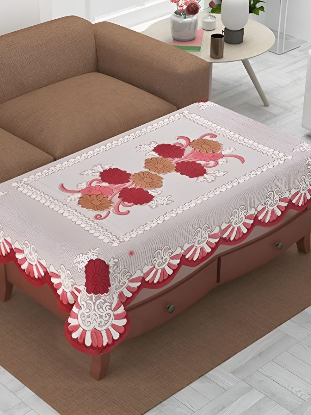 TANLOOMS Maroon Floral Cotton Rectangular 2-Seater Table Cover With Embroidered details