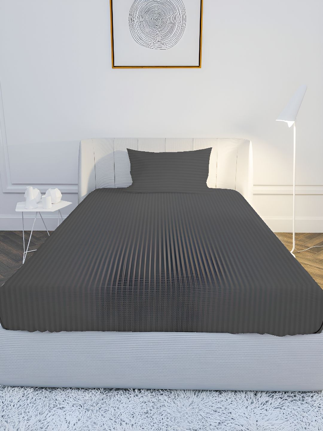 MAYFAIR HOMES LONDON Charcoal Striped Cotton 210 TC Single Fine Bedsheet with a Pillow Cover-88 x 60 inches
