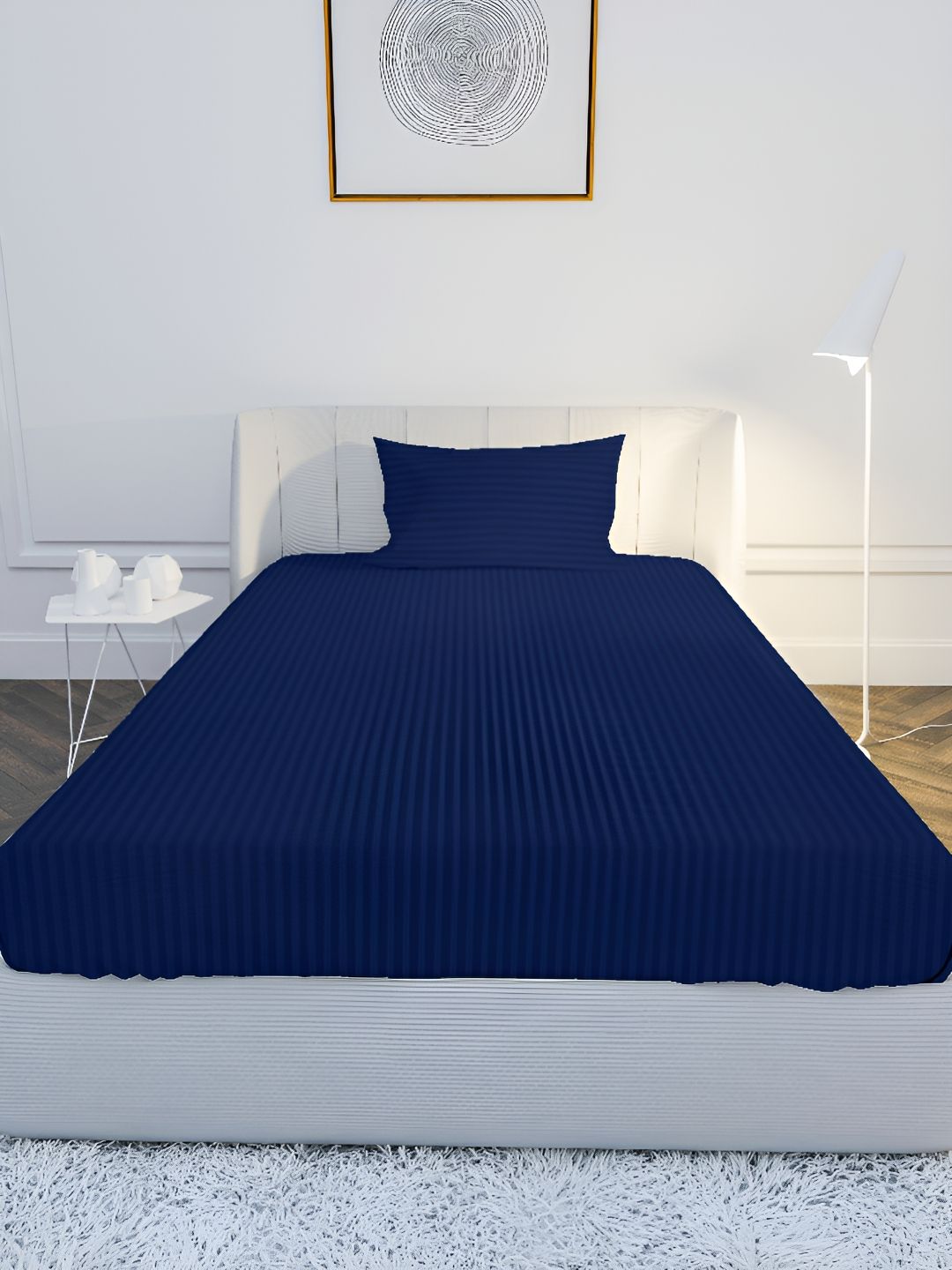 MAYFAIR HOMES LONDON Navy Blue Striped Cotton 210 TC Single Fine Bedsheet with a Pillow Cover-59 x 87 inches