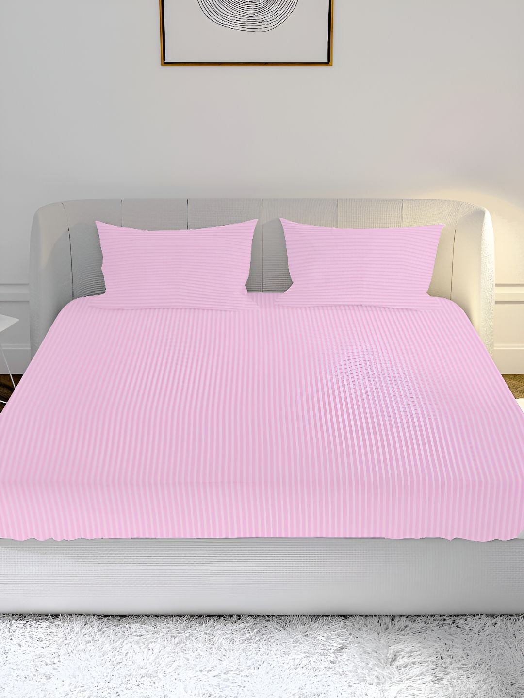 MAYFAIR HOMES LONDON Peach Striped Cotton 210 TC Queen Fine Bedsheet with 2 Pillow Covers-224 x 254 cm