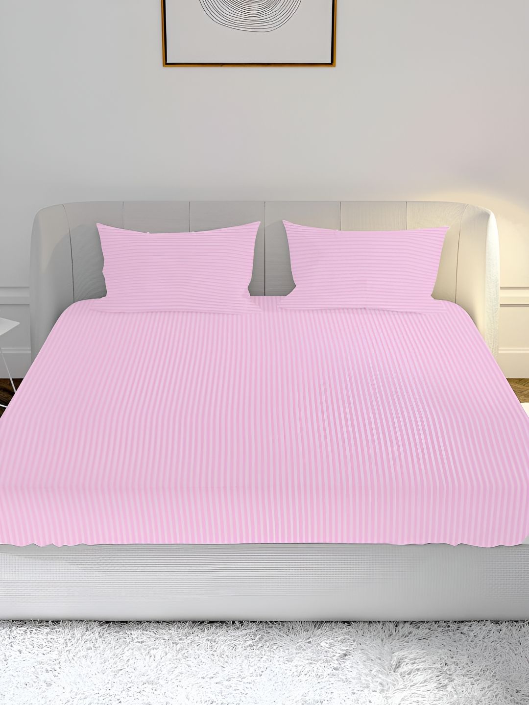 MAYFAIR HOMES LONDON Peach Striped Pure Cotton 210 TC Fitted King Fine Bedsheet with 2 Pillow Covers-108 x 108 inches
